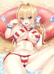 Rule 34 | 1girl, :d, absurdres, bad id, bad pixiv id, bare shoulders, beach, bikini, blonde hair, blush, bow, bracelet, braid, breasts, cameltoe, cherry, chocolate mint, covered erect nipples, criss-cross halter, day, earrings, fate/grand order, fate (series), fingernails, food, french braid, from above, fruit, green eyes, groin, hair between eyes, hair bow, hair intakes, twirling hair, halterneck, hand up, highres, holding, holding food, ice cream, ice cream cone, innertube, jewelry, knee up, large breasts, long hair, looking at viewer, lying, melting, mint chocolate, navel, nekomiya noru (yuduki710), nero claudius (fate), nero claudius (fate) (all), nero claudius (swimsuit caster) (fate), ocean, on back, open mouth, outdoors, red bikini, sand, shiny skin, side-tie bikini bottom, sidelocks, smile, solo, sparkle, stomach, striped bikini, striped clothes, stud earrings, swim ring, swimsuit, translucent, waffle cone, wet, white bikini, white bow
