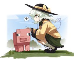 Rule 34 | 1girl, ?, ario, blush, bow, commentary, crossover, frilled skirt, frilled sleeves, frills, green eyes, hat, hat bow, komeiji koishi, long sleeves, mary janes, minecraft, nature, petting, pig, shoes, silver hair, skirt, solo, squatting, touhou, wavy hair, white legwear, wide sleeves