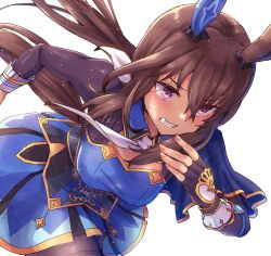 Rule 34 | 1girl, admire vega (umamusume), animal ears, black bodysuit, blue capelet, blue dress, bodysuit, brown hair, capelet, cleavage cutout, clothing cutout, commentary, detached collar, dress, ear covers, eyes visible through hair, flying sweatdrops, hair between eyes, highres, horse ears, horse girl, horse tail, light particles, necktie, purple eyes, running, sleeveless, sleeveless dress, solo, starheart, sweat, nervous sweating, tail, umamusume, white background