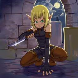 Rule 34 | 1girl, ankama, armlet, bare shoulders, blonde hair, bodysuit, boots, castle, combat knife, cra (wakfu), cra f, elbow gloves, elf, evangelyne (wakfu), fingerless gloves, freckles, full moon, gloves, green eyes, guard, knife, moon, night, pointy ears, reverse grip, rich s, sneaking, solo focus, squatting, thigh boots, thighhighs, wakfu, weapon, window
