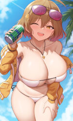 Rule 34 | 1girl, ;d, ahoge, anis (nikke), anis (sparkling summer) (nikke), bikini, blue sky, breasts, brown eyes, brown hair, can, cleavage, cloud, collarbone, commentary request, curvy, day, eyepatch bikini, eyewear on head, goddess of victory: nikke, hair ornament, hairclip, highres, holding, holding can, huge breasts, jacket, jewelry, leaning forward, navel, off shoulder, official alternate costume, one eye closed, open mouth, outdoors, pendant, short hair, sky, smile, solo, stomach, sunglasses, sunlight, swimsuit, thighs, yasojima nejiro, yellow jacket