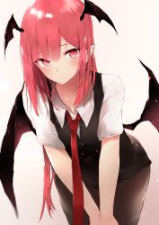 Rule 34 | 1girl, absurdres, artist name, black dress, black pantyhose, blush, cowboy shot, demon wings, dress, grey background, hair between eyes, head wings, highres, koakuma, leaning forward, long hair, looking at viewer, necktie, own hands together, pantyhose, pointy ears, red eyes, red hair, red necktie, sakusyo, shirt, short dress, short sleeves, sidelocks, signature, solo, standing, touhou, v arms, very long hair, white shirt, wings