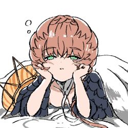 Rule 34 | 1girl, bed sheet, black sleeves, blue eyes, blush, braid, breasts, brown hair, bubble, cleavage, crown braid, fate/grand order, fate (series), hands on own cheeks, hands on own face, hands up, head rest, looking at viewer, lying, navel, on stomach, open mouth, orange headwear, shimogamo (shimomo 12), side braid, simple background, sleepy, small breasts, solo, striped clothes, striped headwear, van gogh (fate), white background