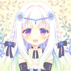 Rule 34 | 1girl, :d, bare shoulders, black bow, black choker, blue flower, blush, bow, braid, choker, collarbone, commentary request, dress, elf, floral background, flower, frilled dress, frills, hair between eyes, hair bow, hair flower, hair intakes, hair ornament, highres, long hair, looking at viewer, open mouth, original, pointy ears, purple eyes, sakurato ototo shizuku, smile, solo, striped clothes, striped dress, upper body, vertical-striped clothes, vertical-striped dress, white flower, white hair