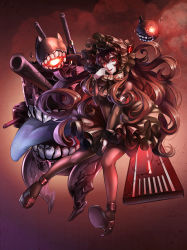 Rule 34 | 10s, 1girl, abyssal ship, black hair, dress, frilled dress, frills, futari no sei, gothic lolita, hair between eyes, high heels, highres, horns, isolated island oni, kantai collection, lolita fashion, long hair, open mouth, pale skin, pantyhose, red eyes, smile, solo, very long hair
