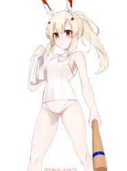 Rule 34 | 1girl, alternate costume, ayanami (azur lane), azur lane, bare shoulders, baseball bat, unworn blindfold, blonde hair, blush, breasts, cleavage, collarbone, commentary request, groin, hair ornament, hairclip, highres, himono hinata, holding, long hair, looking at viewer, medium breasts, one-piece swimsuit, red eyes, remodel (azur lane), school swimsuit, simple background, solo, standing, suikawari, swimsuit, twitter username, white background, white school swimsuit, white one-piece swimsuit