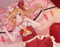 Rule 34 | 1girl, artist name, ascot, back bow, bed, blonde hair, blouse, blush, bow, breasts, buttons, closed mouth, collared shirt, commentary request, commission, crystal, fingernails, flandre scarlet, frills, grey bow, grey hat, grey shirt, hands up, hat, hat ribbon, indoors, jewelry, long fingernails, looking at viewer, looking up, lying, medium breasts, mob cap, mozukuzu (manukedori), multicolored wings, nail polish, on back, one side up, pillow, puffy short sleeves, puffy sleeves, red eyes, red nails, red ribbon, red skirt, red vest, ribbon, shirt, short hair, short sleeves, skeb commission, skirt, solo, touhou, vest, wall, wings, yellow ascot