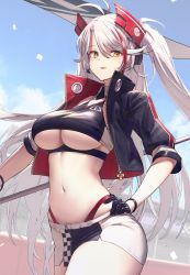 Rule 34 | 1girl, ahoge, ass, azur lane, black gloves, black jacket, breasts, flag, gloves, headgear, highres, holding, holding flag, itaco, jacket, large breasts, long hair, looking at viewer, miniskirt, multicolored hair, navel, official alternate costume, open mouth, panties, prinz eugen (azur lane), prinz eugen (final lap) (azur lane), race queen, red hair, red panties, silver hair, skirt, smile, solo, standing, stomach, streaked hair, thighs, thong, two side up, underboob, underwear, very long hair, yellow eyes