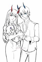 Rule 34 | 10s, 1boy, 2girls, blossomppg, blue eyes, blue horns, carrying, closed eyes, couple, darling in the franxx, fringe trim, green eyes, hand on another&#039;s leg, hand on foot, hetero, highres, hiro (darling in the franxx), horns, long hair, looking at another, military, military uniform, monochrome, multiple girls, oni horns, purple hair, red horns, short hair, uniform, zero two (darling in the franxx)