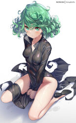 Rule 34 | 1girl, black dress, blush, breasts, collared dress, curly hair, dress, green eyes, green hair, hong (white spider), long sleeves, looking at viewer, one-punch man, short hair, side slit, sitting, small breasts, solo, tatsumaki, thighs, wariza, wet, wet clothes
