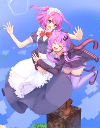 Rule 34 | 2girls, blush, bow, character request, closed eyes, facing viewer, hopepe, long hair, looking at another, maid, maid headdress, multiple girls, open mouth, pink hair, purple hair, purple legwear, red bow, short hair, short twintails, smile, thighhighs, twintails, vocaloid, voiceroid, yuzuki yukari