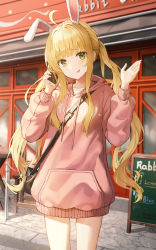 Rule 34 | 1girl, :q, absurdres, ahoge, animal ears, bad id, bad pixiv id, bag, blonde hair, building, cellphone, chair, closed mouth, commentary, drawstring, english commentary, english text, green eyes, hands up, highres, holding, holding phone, hood, hood down, hoodie, kerno, long sleeves, looking at viewer, menu board, original, phone, pink hoodie, puffy long sleeves, puffy sleeves, rabbit ears, revision, shoulder bag, sidelocks, smile, solo, table, tongue, tongue out, twintails