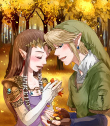 Rule 34 | 1boy, 1girl, autumn, autumn leaves, blonde hair, blue eyes, brown hair, earrings, elbow gloves, fingerless gloves, gloves, hair ornament, hair tubes, hat, jewelry, leaf, link, nature, nintendo, open mouth, pointy ears, princess zelda, shoulder pads, the legend of zelda, the legend of zelda: twilight princess, tree, tunic, wasabi (legemd)