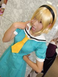 Rule 34 | blonde hair, cosplay, hairband, higurashi no naku koro ni, houjou satoko, photo (medium), red eyes, school uniform, serafuku, tamura akira