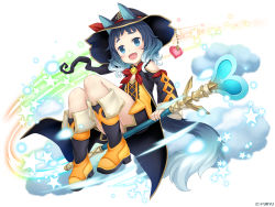 Rule 34 | 1girl, :d, animal ears, black hat, blue eyes, blue hair, blush, boots, clothing cutout, cloud, company name, dress, ears through headwear, fang, flat chest, flying, from below, full body, gradient hair, hat, hat ribbon, hexagram, ichigou (monmusume-harem), jewelry, knee boots, knees up, light particles, light trail, long sleeves, looking at viewer, magic, monmusu harem, monmusume-harem, motion blur, multicolored hair, namaru (summer dandy), neck ribbon, official art, open mouth, orange dress, orange footwear, pendant, rainbow order, red ribbon, ribbon, short dress, short eyebrows, shoulder cutout, simple background, sitting, smile, solo, staff, staff riding, star (symbol), tail, wavy hair, white background, white hair, witch hat