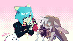 Rule 34 | 2boys, animal ears, aqua hair, aqua skin, bell, blue eyes, borrowed character, bracelet, cat boy, cat ears, colored sclera, colored skin, corded phone, earrings, eyepatch, grey skin, hair over one eye, halftone, halftone background, highres, holding, holding phone, hoop earrings, jewelry, kitt betelgeuse, long pointy ears, multiple boys, neck bell, open mouth, original, parted lips, phone, pink background, pointy ears, ratgob (forest box), sharp teeth, signature, teeth, trap, velo (kitt betelgeuse), yellow background, yellow sclera, yellow teeth