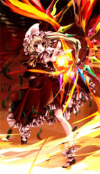 Rule 34 | 1girl, crystal, demon wings, female focus, fire, fire, flandre scarlet, frills, hat, looking at viewer, lowres, mimimichi (mizca sss), mizca, mob cap, puffy short sleeves, puffy sleeves, red eyes, short sleeves, solo, touhou, vampire, wings
