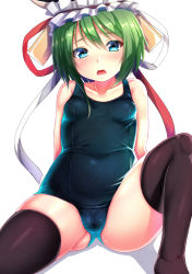 Rule 34 | 1girl, bare shoulders, black thighhighs, blue eyes, blush, cameltoe, collarbone, crotch, ebi 193, green hair, hat, old school swimsuit, one-piece swimsuit, open mouth, school swimsuit, shiki eiki, simple background, sitting, solo, swimsuit, thighhighs, touhou, white background
