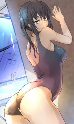 Rule 34 | 1girl, against wall, ass, black eyes, black hair, blush, breasts, highres, large breasts, long hair, looking back, one-piece swimsuit, original, sajittari, school swimsuit, solo, swimsuit, twintails, wet