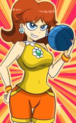Rule 34 | 1girl, ball, breasts, brown hair, cronocain, earrings, flower earrings, grin, hand up, highres, holding, holding ball, jewelry, looking at viewer, mario &amp; sonic at the olympic games, mario (series), nintendo, playing sports, princess daisy, short hair, shorts, smile, solo, standing, super mario bros. 1, super mario land, tomboy, volleyball, volleyball (object)
