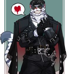 Rule 34 | 1boy, animal ears, bara, belt, black coat, black gloves, black headwear, black pants, black suit, coat, commentary, dislyte, english commentary, fangs, formal, furry, furry male, gloves, green necktie, highres, holding, holding clothes, holding gloves, jin qiu (ru shou) (dislyte), looking at viewer, male focus, necktie, pants, shirt, smile, strap, suit, sunglasses, tail, tiger boy, tiger ears, tiger stripes, tiger tail, warwickislovely, whip, white shirt, yellow eyes
