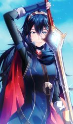 Rule 34 | 1girl, ameno (a meno0), blue background, blue eyes, blue hair, cape, falchion (fire emblem), fingerless gloves, fire emblem, fire emblem awakening, flat chest, gloves, long hair, looking at viewer, lucina (fire emblem), nintendo, smile, solo, sweater, sword, symbol-shaped pupils, tiara, weapon