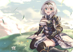 Rule 34 | 1girl, :d, armor, black gloves, breasts, cleavage, fingerless gloves, gloves, green eyes, hololive, large breasts, looking at viewer, medium hair, mole, mole on breast, open mouth, shirogane noel, shirogane noel (1st costume), short hair, silver hair, sitting, smile, solo, virtual youtuber, wariza, yukichin