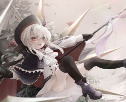 Rule 34 | 1girl, absurdres, ankle boots, artoria caster (fate), artoria caster (fate) (cosplay), artoria caster (second ascension) (fate), artoria pendragon (fate), black gloves, blonde hair, blush, boots, capelet, cosplay, dress, fate/grand order, fate (series), flower, gloves, hair between eyes, hat, high heel boots, high heels, highres, holding, holding staff, illyasviel von einzbern, long hair, long sleeves, open mouth, over-kneehighs, panties, red eyes, rose, solo, staff, thighhighs, underwear, utatanecocoa, white panties