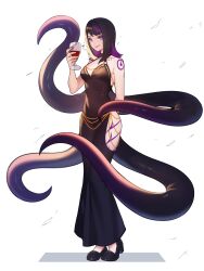 Rule 34 | 1girl, absurdres, alcohol, bare shoulders, black dress, black hair, body markings, breasts, commission, commissioner upload, cup, dress, drinking glass, highres, leg tattoo, looking at viewer, medium breasts, meme attire, modakawa dress, monster girl, multicolored hair, non-web source, original, purple eyes, purple hair, shiimidori, shoko the alien, shoulder tattoo, solo, tattoo, tentacles, thighs, wine, wine glass
