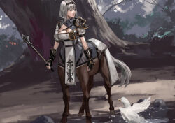 Rule 34 | 1girl, armor, armored dress, belt, belt pouch, bird, black gloves, braid, breasts, brown belt, centaur, chest belt, chest guard, chest harness, cleavage, cleavage cutout, clothing cutout, collared dress, commentary request, dress, duck, fingerless gloves, french braid, full body, gloves, green eyes, grey hair, hair between eyes, hairband, harness, holding, holding weapon, hololive, horse tail, junny, large breasts, looking afar, mace, medium hair, mole, mole on breast, monster girl, monsterification, multiple legs, parted lips, pauldrons, pelvic curtain, pond, pouch, puffy sleeves, shirogane noel, shirogane noel (1st costume), shoulder armor, sidelocks, single pauldron, solo, standing, tail, taur, tree, vambraces, virtual youtuber, waist cape, weapon
