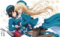 Rule 34 | 10s, 2girls, atago (kancolle), bad id, bad pixiv id, black gloves, black hair, black legwear, blonde hair, blue hat, blush, breasts, garter straps, gloves, hat, highres, ishida seito, kantai collection, large breasts, long hair, military, military uniform, multiple girls, open mouth, pantyhose, personification, red eyes, smile, takao (kancolle), thighhighs, uniform, yuri