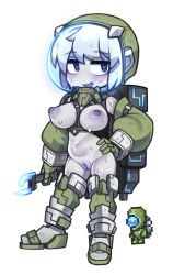 Rule 34 | 1girl, :d, alien, black eyes, bodysuit, boots, breasts, cleft of venus, colored nipples, colored skin, contrapposto, creature and personification, detached sleeves, full body, gloves, green gloves, green sleeves, grey hair, grey skin, hand on own hip, heart, heart-shaped pupils, helmet, holding, holding wrench, large breasts, long sleeves, martian engineer, no nose, nyong nyong, open mouth, personification, purple nipples, purple pussy, pussy, short hair, simple background, smile, solo, space helmet, standing, symbol-shaped pupils, terraria, thigh boots, torn bodysuit, torn clothes, uncensored, white background, wrench