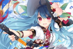 Rule 34 | 1girl, :d, ahoge, arm up, bead bracelet, beads, bird, black hat, blouse, blue flower, blue hair, blue sky, blush, bracelet, cloud, commentary request, day, floral print, flower, food, fruit, hand on headwear, hat, hat flower, hat ribbon, hinanawi tenshi, holding, holding sword, holding weapon, jewelry, leaf, long hair, looking at viewer, necktie, open mouth, outdoors, peach, petticoat, puffy short sleeves, puffy sleeves, red eyes, red flower, red necktie, red ribbon, reverse grip, ribbon, shirt, short sleeves, sky, smile, solo, sparkle, sword, sword of hisou, touhou, toutenkou, upper body, weapon, white flower, white shirt, yellow flower