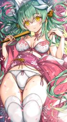 Rule 34 | 1girl, bad id, bad pixiv id, blush, bra, breasts, choker, cleavage, dragon girl, dragon horns, fate/grand order, fate (series), folding fan, green hair, hand fan, highres, horns, kiyohime (fate), long hair, looking at viewer, medium breasts, morizono shiki, panties, parted lips, petals, pink choker, smile, solo, thighhighs, thighs, underwear, white bra, white panties, yellow eyes