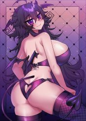 Rule 34 | absurdres, ahoge, alternate costume, ass, bikini, breasts, clothing cutout, crawling dreams, curvy, demon girl, demon tail, demon wings, fang, fishnet thighhighs, fishnets, head wings, heart cutout, highres, horns, huge breasts, looking at viewer, looking back, nyarla (crawling dreams), osiimi, purple bikini, purple eyes, purple hair, purple thighhighs, purple wings, revealing clothes, skin fang, swimsuit, tail, thick thighs, thighhighs, thighs, wings