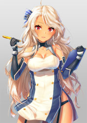 Rule 34 | 1girl, ahoge, azur lane, bare shoulders, black gloves, black panties, blonde hair, blush, bow, breasts, brooklyn (azur lane), buttons, cleavage, clipboard, clothing cutout, collarbone, dark-skinned female, dark skin, detached sleeves, dress, elbow gloves, eyelashes, garter straps, gloves, grey background, hair bow, hair ornament, halter dress, halterneck, head tilt, holding, holding clipboard, holding pen, large breasts, long hair, looking at viewer, medium breasts, messy hair, nib pen (object), open mouth, panties, pen, pensuke, red eyes, shiny skin, short dress, side slit, simple background, skindentation, smile, solo, standing, striped, striped bow, thighs, underboob cutout, underbust, underwear, very long hair, wavy hair, wind, wind lift