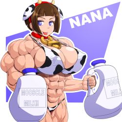 Rule 34 | 1girl, abs, bell, blue eyes, breasts, brown hair, cowbell, devmgf, extreme muscles, female focus, milk, muscular, navel, short hair, solo, tongue