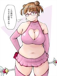 Rule 34 | 1girl, abstract background, belly, blunt bangs, blush, breasts, brown hair, cleavage, cleavage cutout, clothing cutout, cowboy shot, double bun, elbow gloves, gloves, hair bun, heart cutout, highres, large breasts, looking at viewer, miniskirt, navel, over-rim eyewear, pink gloves, pink skirt, pink thighhighs, plaid, plaid skirt, plump, semi-rimless eyewear, shigekikkusu, short hair, simple background, skirt, solo, split mouth, standing, tareme, thighhighs, thought bubble, yellow eyes
