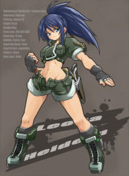 Rule 34 | 1girl, abs, black gloves, blue eyes, blue hair, blush, character name, clenched hand, closed mouth, combat knife, earrings, english text, fighting stance, fingerless gloves, gloves, green shirt, green shorts, hair between eyes, high ponytail, highres, information, jewelry, karukan (monjya), knife, knife sheath, knife sheath, leona heidern, long hair, midriff, navel, ponytail, sheath, shirt, short sleeves, shorts, sleeves rolled up, snk, solo, standing, the king of fighters, thighs, triangle earrings, weapon