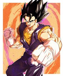 Rule 34 | 1boy, absurdres, arm up, biceps, black eyes, black hair, border, clenched hands, commentary request, dithering, dougi, dragon ball, dragonball z, earrings, gloves, hair between eyes, hand up, highres, incoming attack, incoming punch, jewelry, looking at viewer, male focus, multicolored background, muscular, muscular male, open mouth, orange background, orange shirt, outside border, potara earrings, punching, purple sash, sash, sekitsuki hayato, shirt, simple background, solo, spiked hair, teeth, tongue, v-shaped eyebrows, vegetto, white border, white gloves