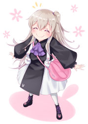 Rule 34 | 1girl, ^ ^, aged down, ascot, bag, black dress, black footwear, blush, boots, closed eyes, closed mouth, collared dress, commentary request, cross-laced footwear, dress, facing viewer, floral background, full body, girls&#039; frontline, grey hair, hair between eyes, harada (sansei rain), highres, lace-up boots, long hair, official alternate costume, one side up, pantyhose, puffy short sleeves, puffy sleeves, purple ascot, scar, scar across eye, scar on face, short sleeves, shoulder bag, smile, solo, standing, ump45 (agent lop rabbit) (girls&#039; frontline), ump45 (girls&#039; frontline), very long hair, white background, white pantyhose