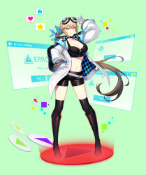 Rule 34 | 1girl, :p, absurdres, adjusting eyewear, arm up, belt, black choker, black footwear, black hair, black shorts, black sports bra, black thighhighs, blonde hair, blue bow, blue coat, blue eyes, boots, bow, breasts, choker, closers, coat, error message, full body, gloves, goggles, goggles on head, gradient hair, green background, hair bow, hand on own hip, hand up, harpy (closers), heart, highres, large breasts, legs apart, long hair, long sleeves, looking at viewer, midriff, multicolored coat, multicolored hair, navel, official art, partially fingerless gloves, play button, ponytail, short shorts, shorts, solo, spoken heart, spoken star, spoken thumbs up, sports bra, standing, star (symbol), tachi-e, thigh boots, thighhighs, tongue, tongue out, two-tone coat, underlighting, very long hair, white belt, white coat, white gloves, wide sleeves, window (computing), zipper, zipper pull tab