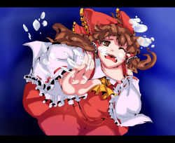 Rule 34 | 1girl, air bubble, asphyxiation, breath, bubble, detached sleeves, drowning, female focus, hakurei reimu, letterboxed, magukappu, solo, struggling, touhou, underwater