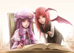 Rule 34 | 2girls, backlighting, bat wings, black ribbon, blue bow, blunt bangs, book, book stack, bow, capelet, cart, chair, collared shirt, crescent, crescent moon, cup, dress, dress shirt, female focus, frills, hair ribbon, hat, head wings, hime cut, koakuma, leaning forward, lif (lif &amp; ref), long hair, long sleeves, looking at viewer, low-tied long hair, moon, multiple girls, neck ribbon, necktie, open book, patchouli knowledge, pink bow, pitcher (container), pointing, pointing at viewer, purple dress, purple eyes, purple hair, reading, red eyes, red hair, red necktie, ribbon, shirt, sidelocks, simple background, sitting, skirt, skirt set, standing, striped clothes, striped dress, teacup, touhou, tress ribbon, vertical stripes, vest, white background, white shirt, wings