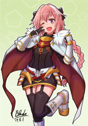 Rule 34 | 1boy, ;d, armor, astolfo (fate), black bow, black gloves, black ribbon, black shirt, black thighhighs, boots, bow, braid, buckle, clenched hand, cloak, commentary request, cross, dated, fang, fate/apocrypha, fate (series), faulds, fur collar, garter straps, gauntlets, gloves, gradient background, green background, hair between eyes, hair bow, hair ribbon, hands up, knee boots, leg up, long hair, long sleeves, looking at viewer, male focus, multicolored hair, one eye closed, open mouth, pentagon (shape), pink hair, purple eyes, qblade, red cloak, ribbon, shirt, signature, single braid, smile, solo, standing, standing on one leg, star (symbol), starry background, streaked hair, tareme, thighhighs, trap, v, very long hair, white background, white cloak, white footwear, white hair