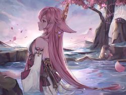 Rule 34 | 1girl, breasts, cherry blossoms, chikenryice, detached sleeves, from side, genshin impact, hair ornament, highres, japanese clothes, long hair, looking afar, miko, mountainous horizon, nail polish, partially submerged, pink hair, pink nails, purple eyes, sideboob, signature, sky, solo, standing, sunrise, tree, twitter username, vision (genshin impact), water, wide sleeves, yae miko