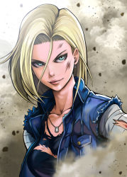 Rule 34 | 1girl, android 18, asymmetrical hair, blonde hair, breasts, collarbone, denim, denim jacket, dirty, dirty face, dragon ball, dragonball z, dust cloud, earrings, eyelashes, forehead, green eyes, hair between eyes, highres, jacket, jewelry, lips, medium breasts, necklace, nose, pendant, smirk, solo, to-ru, torn clothes, torn sleeves, tsurime, upper body