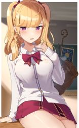 Rule 34 | 1girl, arm support, bag, blonde hair, blurry, blurry background, blush, book, bookmark, bow, breasts, cardigan, collared shirt, commentary request, dated, depth of field, fang, hair bow, hand up, highres, hirota fruit, indoors, long hair, long sleeves, looking at viewer, medium breasts, nijisanji, open mouth, pleated skirt, purple eyes, red bow, red skirt, school bag, school uniform, shirt, skirt, sleeves past wrists, solo, staff, takamiya rion, takamiya rion (6th costume), twitter username, two side up, virtual youtuber, white cardigan, white shirt