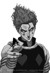 Rule 34 | 1boy, absurdres, blood, blood on face, curly hair, dirty, dirty face, evil smile, frown, glowing, glowing eyes, greyscale, hair strand, highres, hisoka morow, holding, hunter x hunter, looking at viewer, male focus, manip, monochrome, poker, smile, solo, upper body, watermark, web address, white background