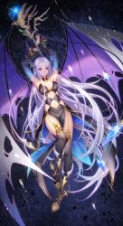 Rule 34 | 1girl, armpits, bible bullet, black thighhighs, breasts, cleavage, crystal, detached collar, detached sleeves, full body, garter straps, glint, head wings, highres, long hair, official art, purple eyes, silver hair, sky, solo, star (sky), starry sky, thighhighs, thighs, tidsean, very long hair, wings